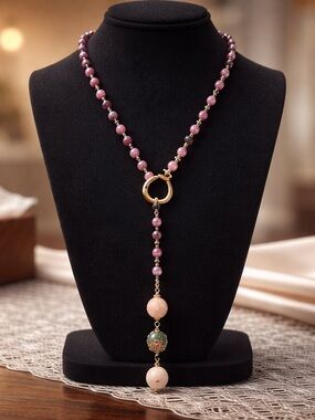 Elegant Pink Beaded Lariat Necklace with Gold Ring